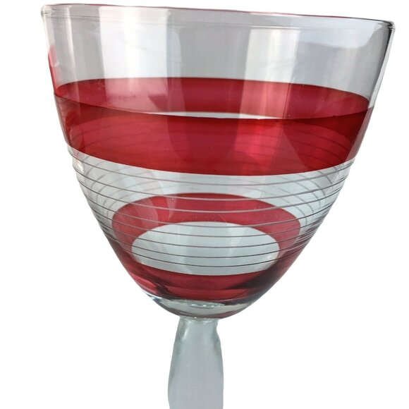 Clear Stemmed Glass Goblets Red Stripes 16 oz Oversized Lot 2 Large Barware u - Picture 5 of 5